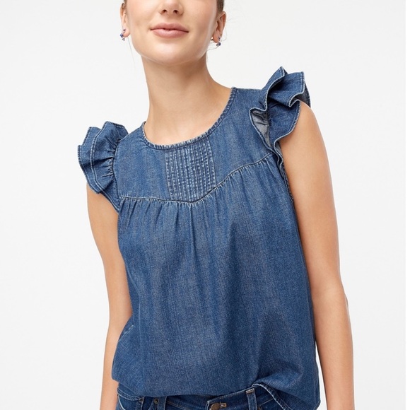 J. Crew Chambray Pleated Ruffle Sleeveless Top - Picture 1 of 7